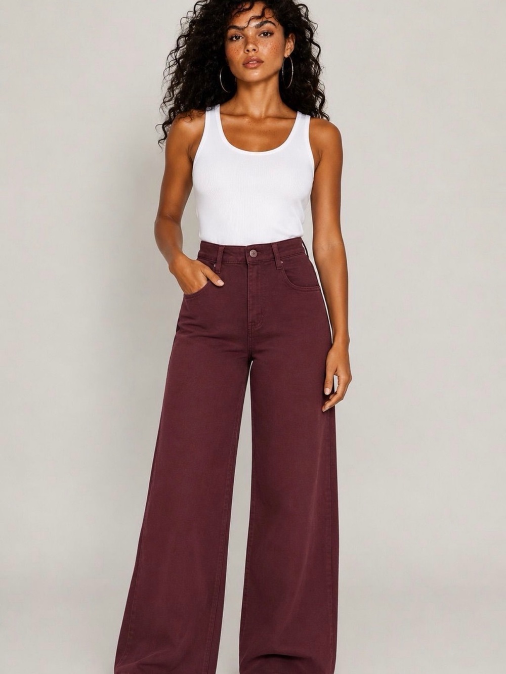 NWT Nina Rossi High-Waist Wide Leg Jeans in Burgundy